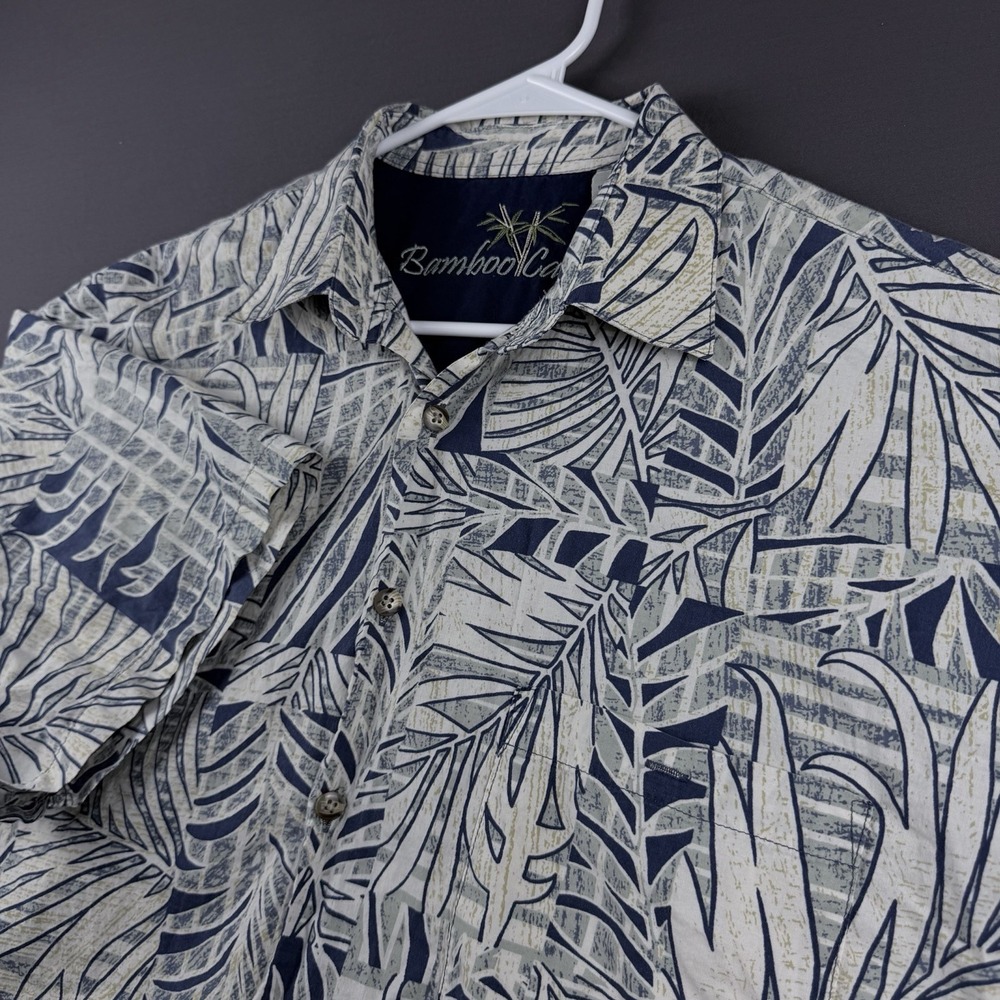 Bamboo Cay Men's Tropical Leaf Print Cotton Lawn Blue White Short Sleeve Shirt L